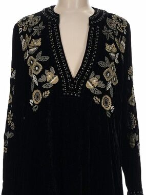 Double D Ranch Black Velvet Beaded Embroidered floral V-Neck Dress RTL $695 M